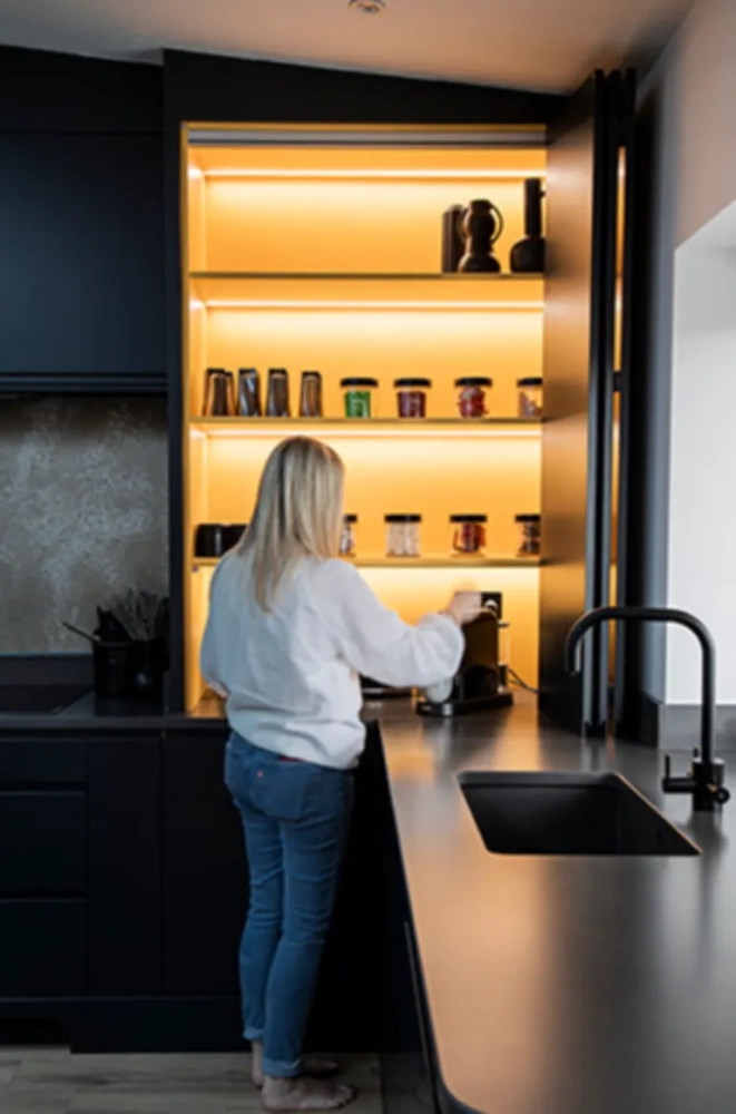 Kitchen lifestyle illuminated bespoke kitchen cabinet